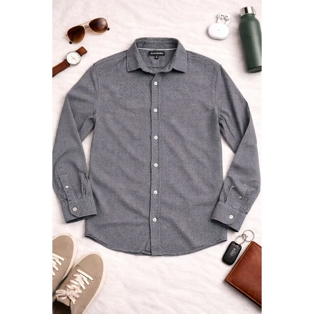 Banana Republic Button Down Long Sleeve Wool CottonBlend Shirt Gray Men's Medium